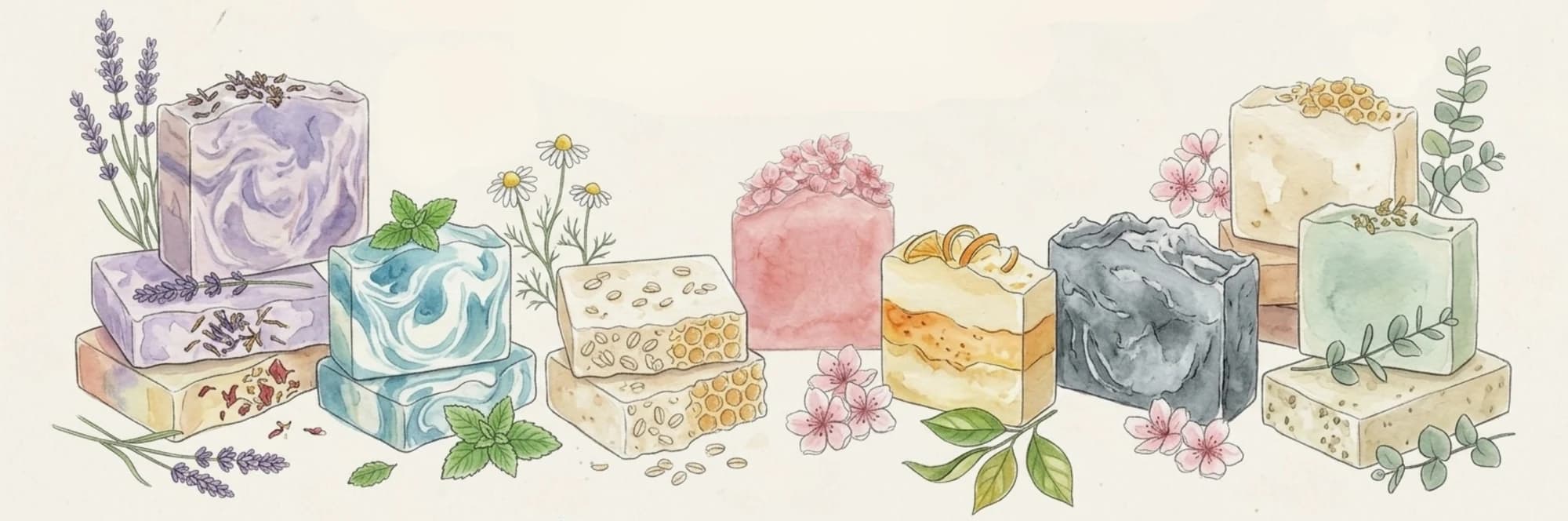 A row of handmade soap bars with lavender, chamomile, cherry blossom and eucalyptus