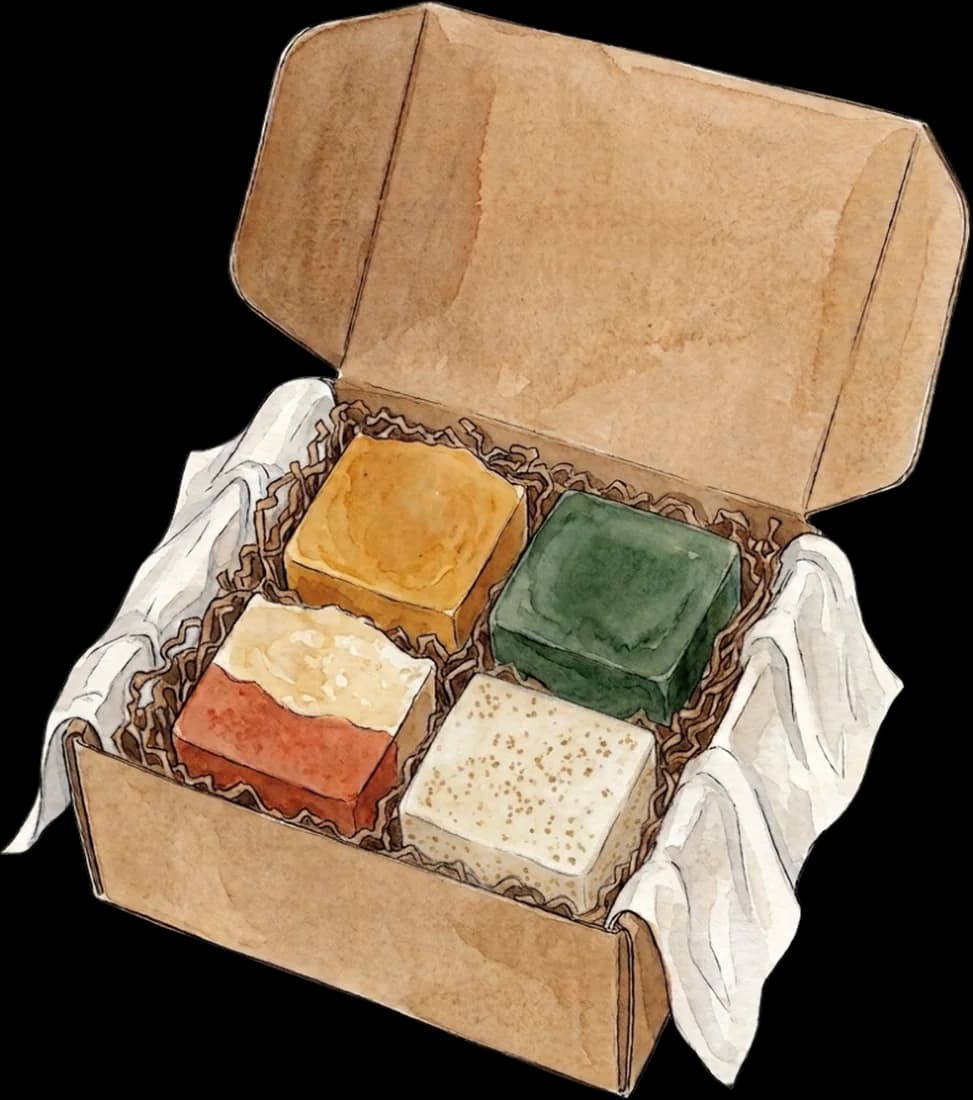 An open box packed with four handmade bars of soap